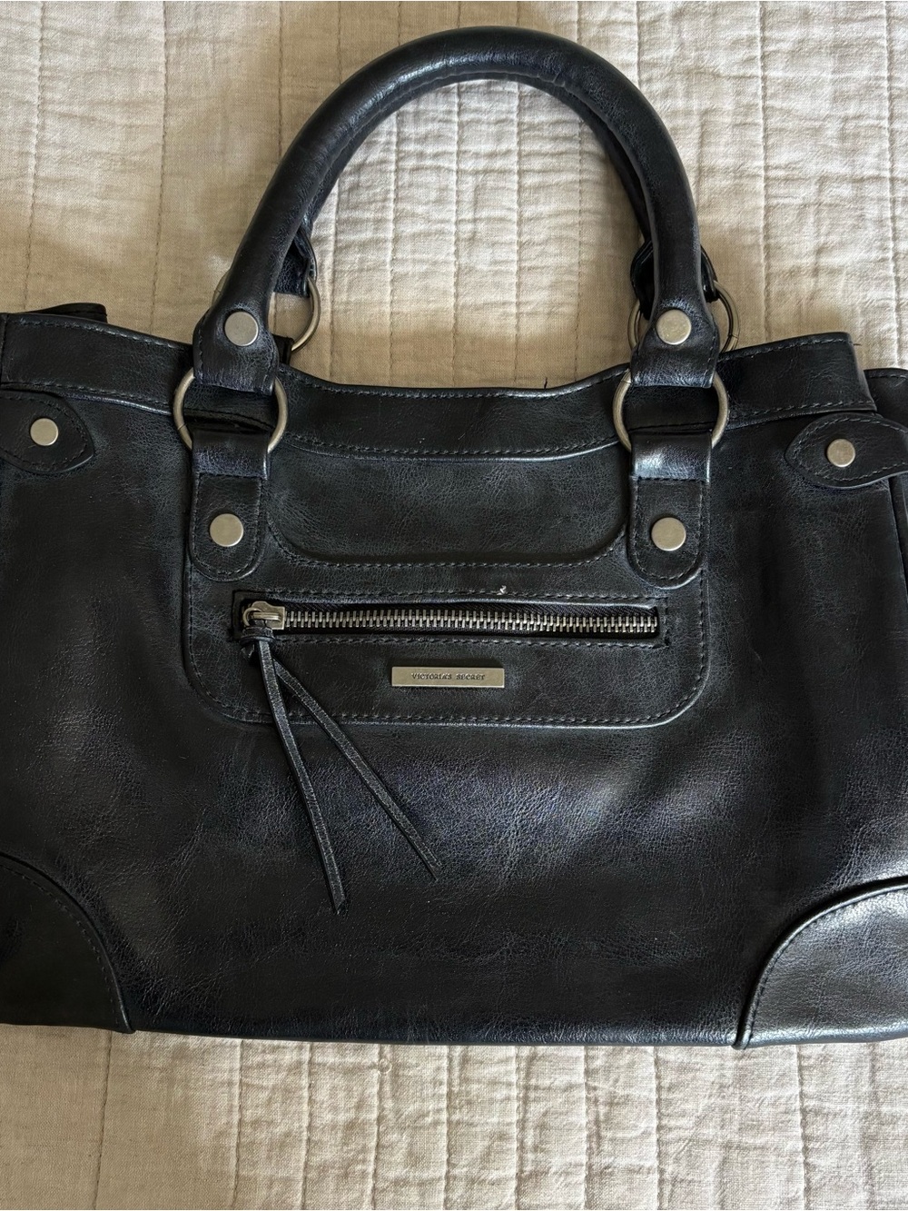 Vintage Y2K Victoria’s Secret Black Leather Satchel Handbag Hot Pink Lining